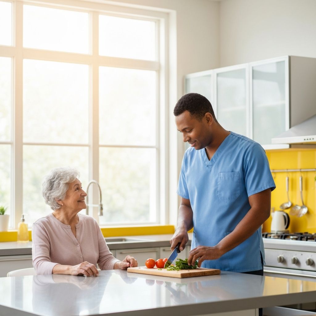 Caregiver preparing meal with senior
