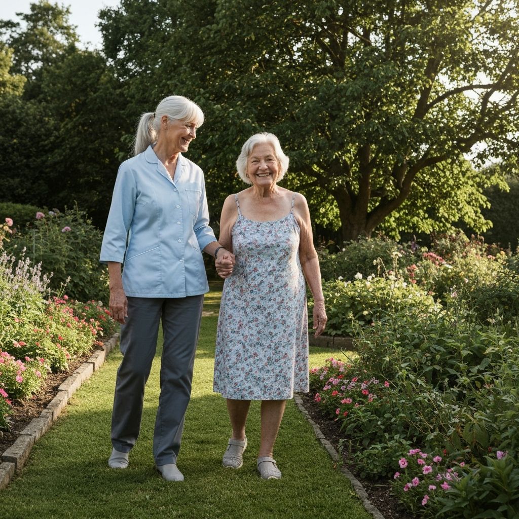 Caregiver assisting senior outdoors